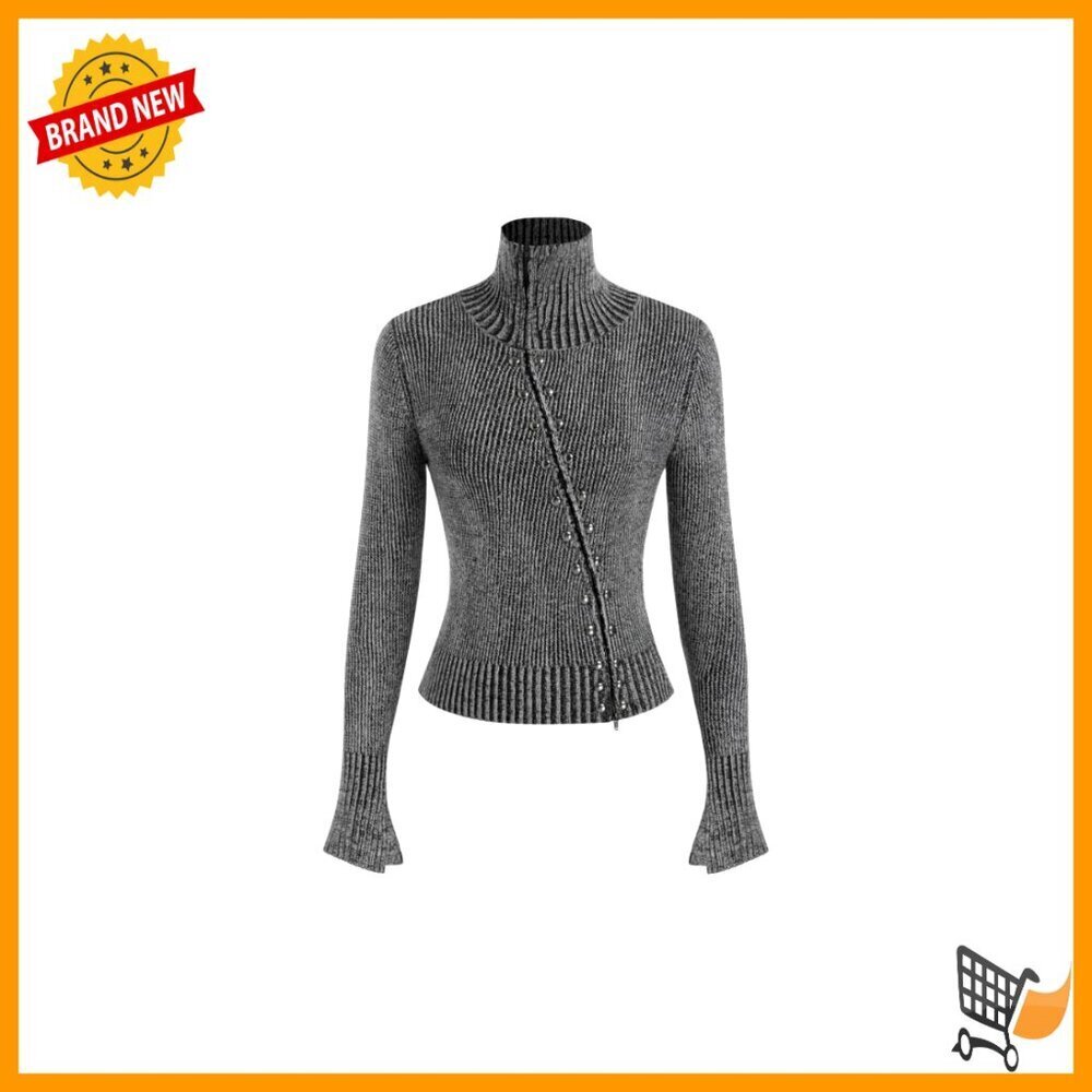 Cropped Zipper Cardigan Split Sleeve Stand Collar Ribbed Knit Chic Sweater